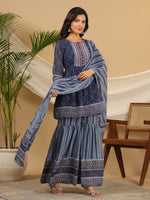 Thumbnail for Juniper Navy Blue Geometric Printed Georgette Gota Kurta Sharara & Dupatta Set With beads & Sequins - Distacart