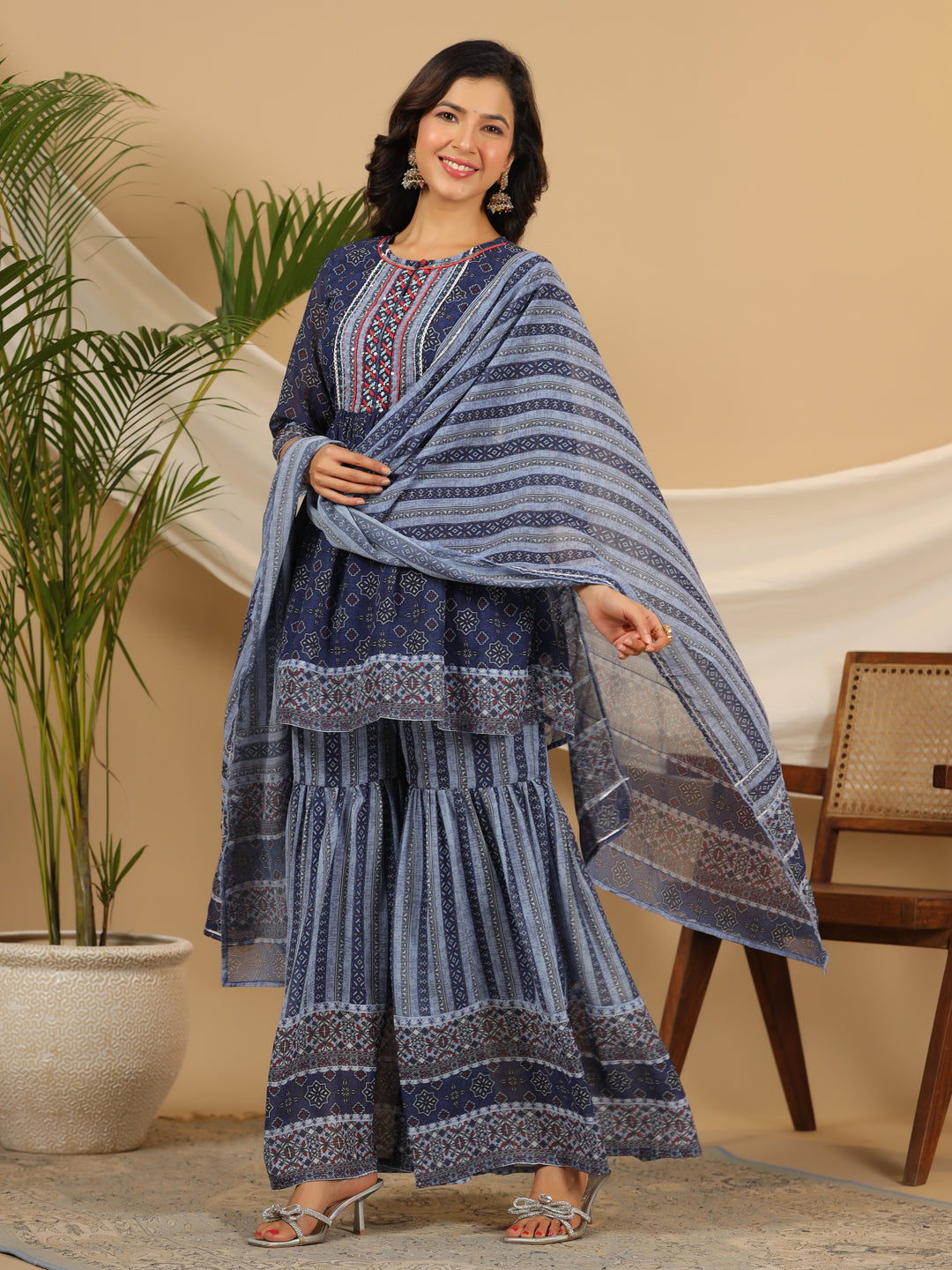 Juniper Navy Blue Geometric Printed Georgette Gota Kurta Sharara & Dupatta Set With beads & Sequins - Distacart