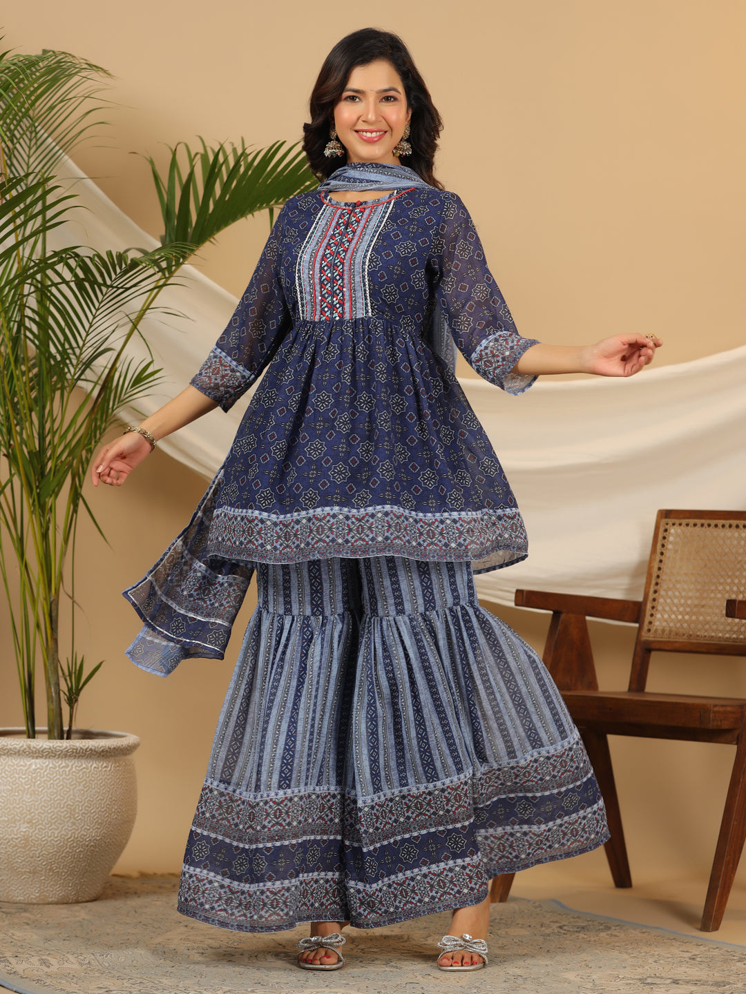 Juniper Navy Blue Geometric Printed Georgette Gota Kurta Sharara & Dupatta Set With beads & Sequins - Distacart