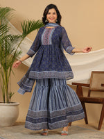 Thumbnail for Juniper Navy Blue Geometric Printed Georgette Gota Kurta Sharara & Dupatta Set With beads & Sequins - Distacart