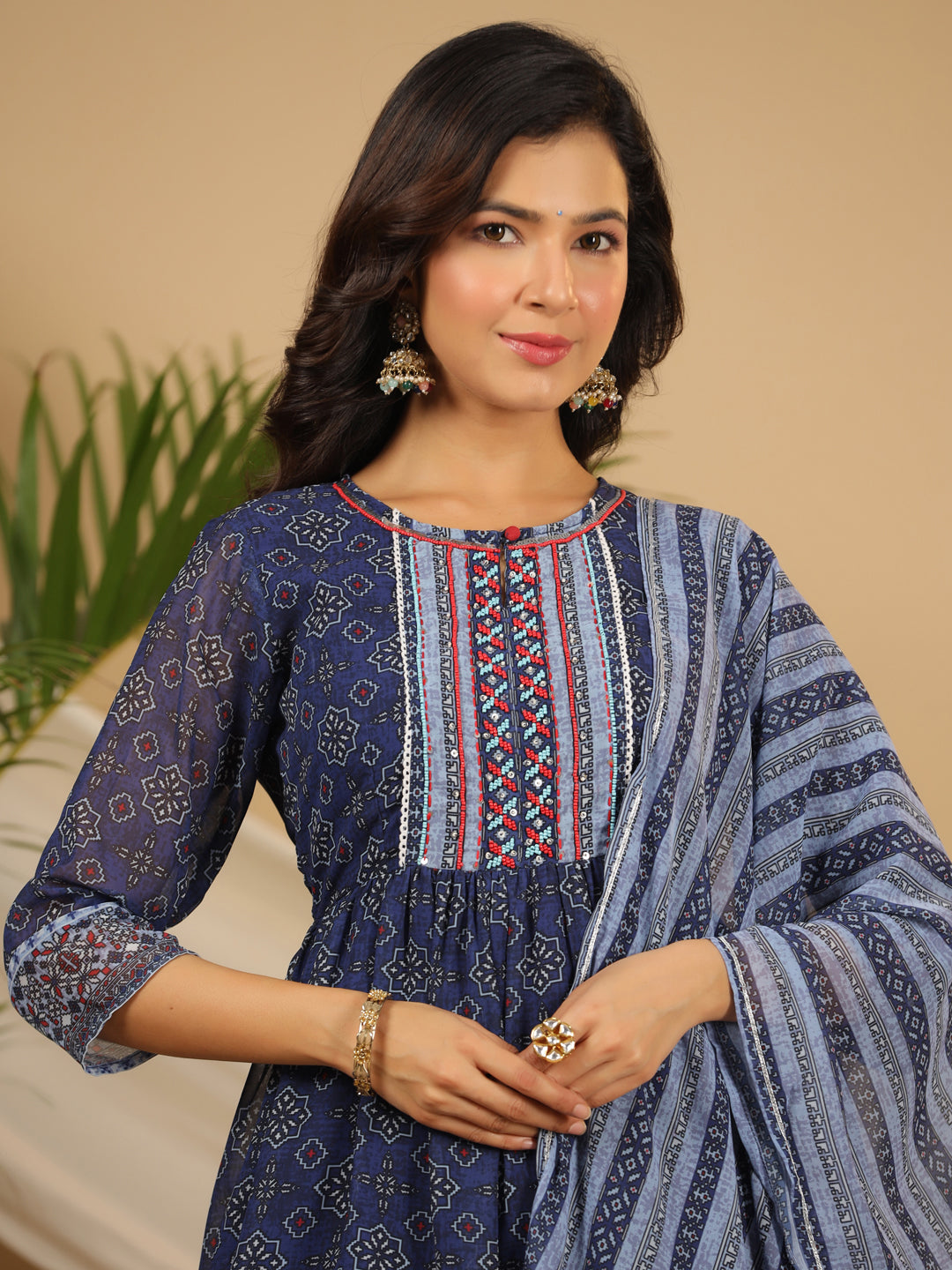 Juniper Navy Blue Geometric Printed Georgette Gota Kurta Sharara & Dupatta Set With beads & Sequins - Distacart