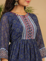 Thumbnail for Juniper Navy Blue Geometric Printed Georgette Gota Kurta Sharara & Dupatta Set With beads & Sequins - Distacart