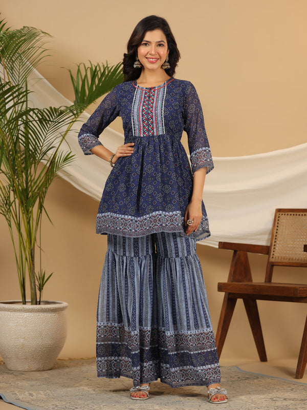 Juniper Navy Blue Geometric Printed Georgette Gota Kurta Sharara & Dupatta Set With beads & Sequins - Distacart