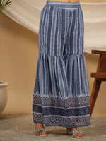 Thumbnail for Juniper Navy Blue Geometric Printed Georgette Gota Kurta Sharara & Dupatta Set With beads & Sequins - Distacart