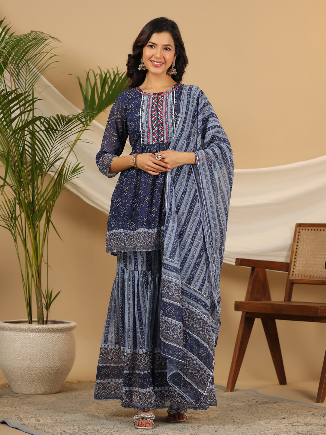 Juniper Navy Blue Geometric Printed Georgette Gota Kurta Sharara & Dupatta Set With beads & Sequins - Distacart