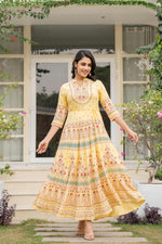 Thumbnail for Juniper Women's Yellow Ethnic Motif Printed Rayon Dress With Dori & Kaudis
