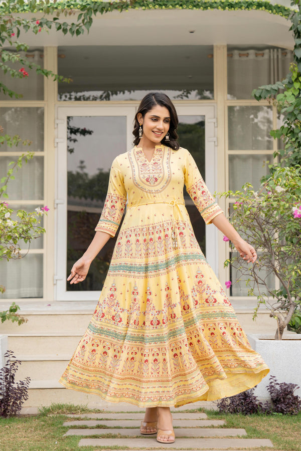 Juniper Women's Yellow Ethnic Motif Printed Rayon Dress With Dori & Kaudis