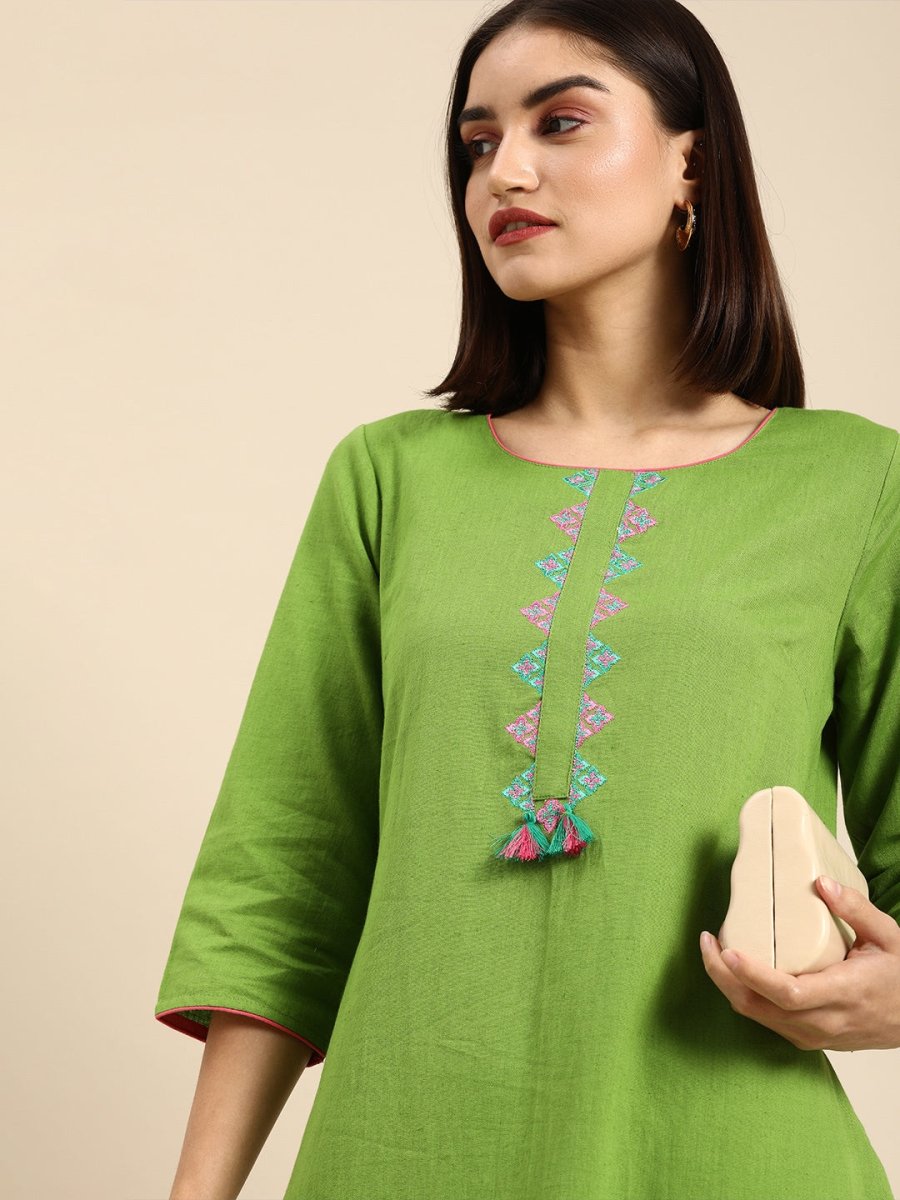 All About You Women Green & Pink Ethnic Motifs Yoke Design Thread Work Pure Cotton Kurta - Distacart