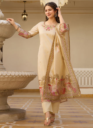 Vellora Pure Viscose Assam Silk White Daily Wear Embroidery Work Readymade Suit