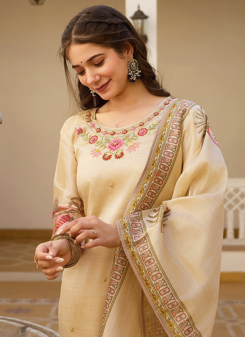 Vellora Pure Viscose Assam Silk White Daily Wear Embroidery Work Readymade Suit