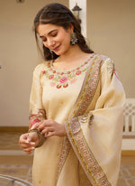 Thumbnail for Vellora Pure Viscose Assam Silk White Daily Wear Embroidery Work Readymade Suit