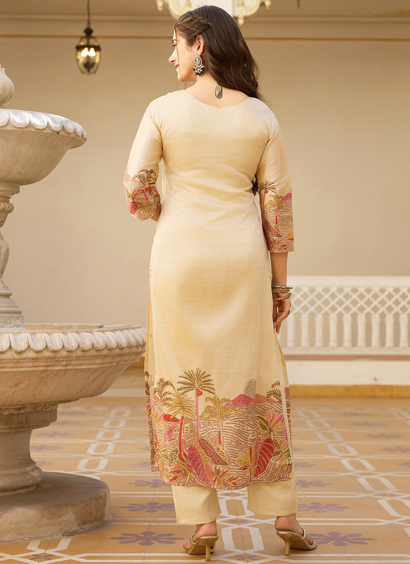 Vellora Pure Viscose Assam Silk White Daily Wear Embroidery Work Readymade Suit