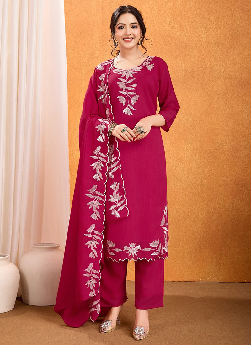 Vellora Pure Vichitra Silk Rani Casual Wear Embroidery Work Readymade Suit