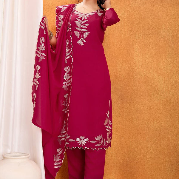 Vellora Pure Vichitra Silk Rani Casual Wear Embroidery Work Readymade Suit - Distacart