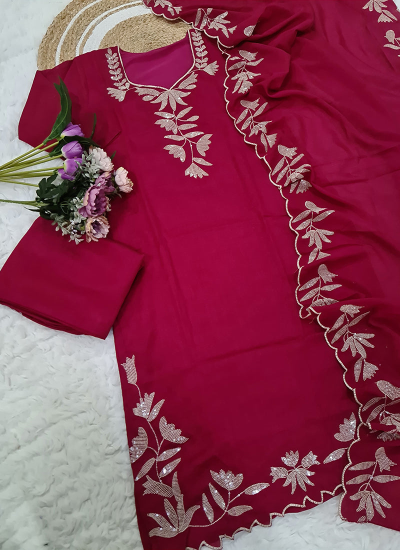 Vellora Pure Vichitra Silk Rani Casual Wear Embroidery Work Readymade Suit