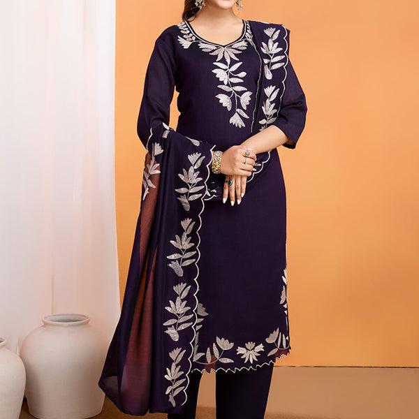 Vellora Pure Vichitra Silk Purple Casual Wear Embroidery Work Readymade Suit - Distacart