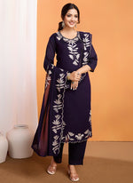 Thumbnail for Vellora Pure Vichitra Silk Purple Casual Wear Embroidery Work Readymade Suit