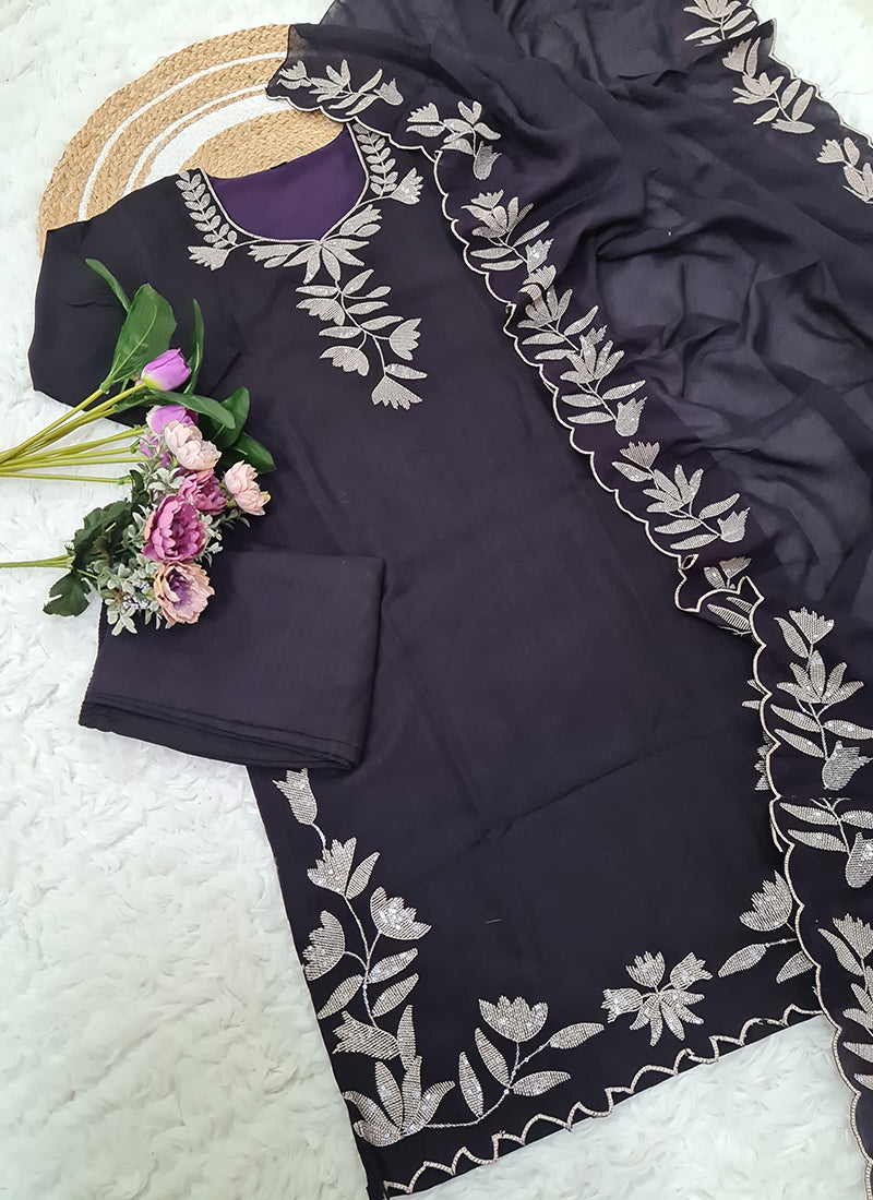 Vellora Pure Vichitra Silk Purple Casual Wear Embroidery Work Readymade Suit