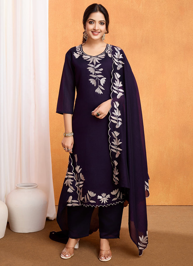 Vellora Pure Vichitra Silk Purple Casual Wear Embroidery Work Readymade Suit