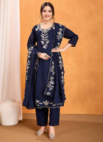 Thumbnail for Vellora Pure Vichitra Silk Blue Casual Wear Embroidery Work Readymade Suit
