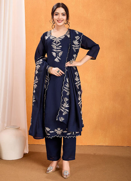 Vellora Pure Vichitra Silk Blue Casual Wear Embroidery Work Readymade Suit