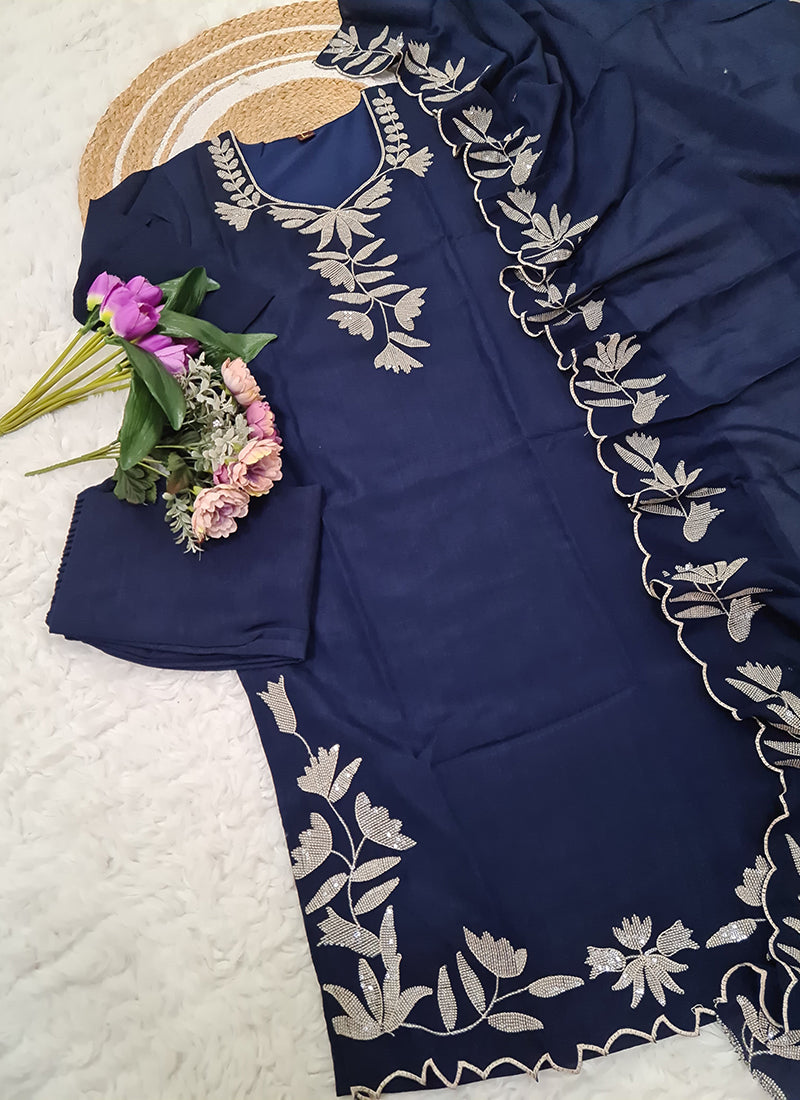 Vellora Pure Vichitra Silk Blue Casual Wear Embroidery Work Readymade Suit