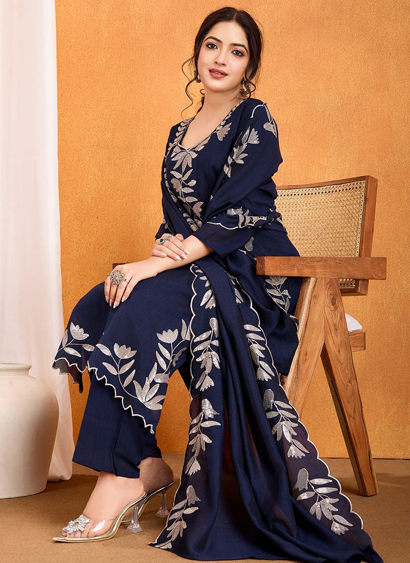 Vellora Pure Vichitra Silk Blue Casual Wear Embroidery Work Readymade Suit