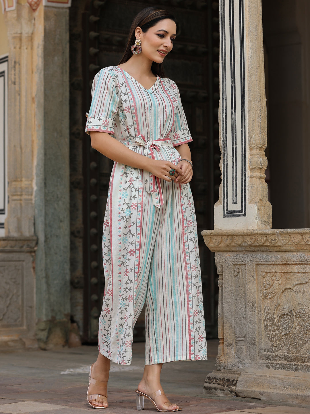Juniper Ivory Geometric Printed Cotton Flex Jumpsuit With Beads & Thread Work - Distacart