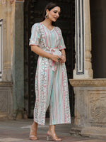 Thumbnail for Juniper Ivory Geometric Printed Cotton Flex Jumpsuit With Beads & Thread Work - Distacart
