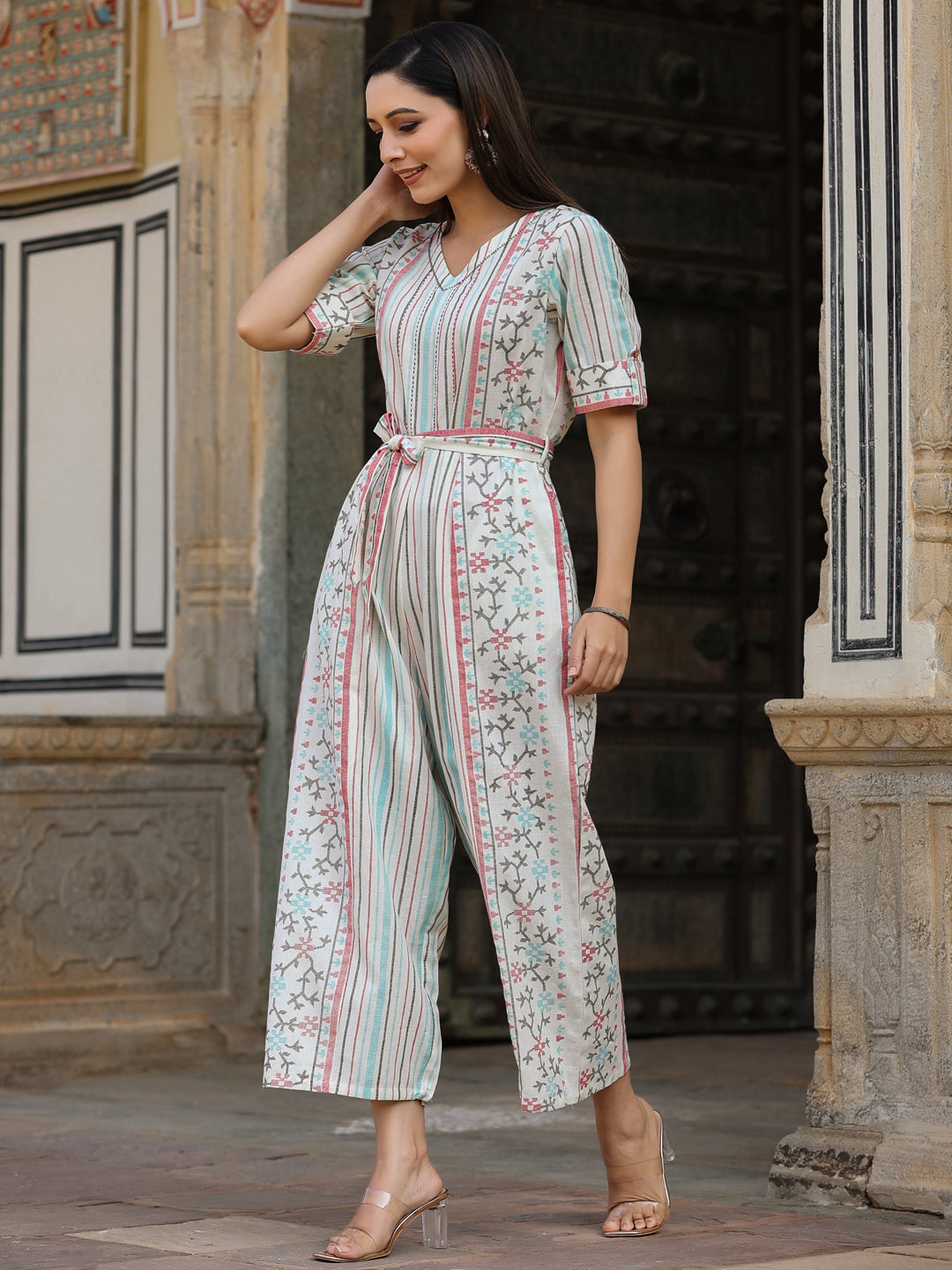 Juniper Ivory Geometric Printed Cotton Flex Jumpsuit With Beads & Thread Work - Distacart