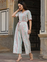 Thumbnail for Juniper Ivory Geometric Printed Cotton Flex Jumpsuit With Beads & Thread Work - Distacart