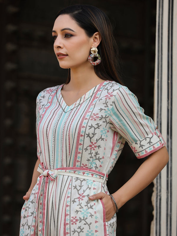 Juniper Ivory Geometric Printed Cotton Flex Jumpsuit With Beads & Thread Work - Distacart