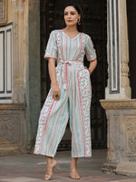 Thumbnail for Juniper Ivory Geometric Printed Cotton Flex Jumpsuit With Beads & Thread Work - Distacart