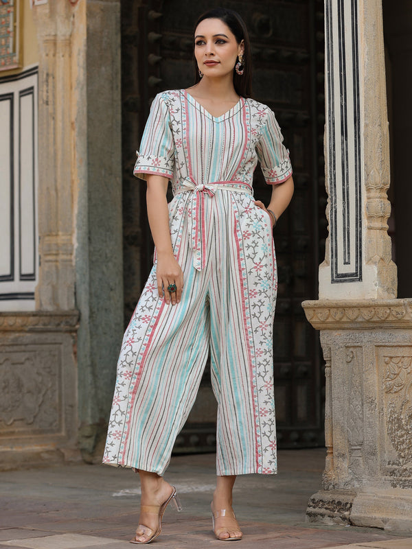 Juniper Ivory Geometric Printed Cotton Flex Jumpsuit With Beads & Thread Work - Distacart