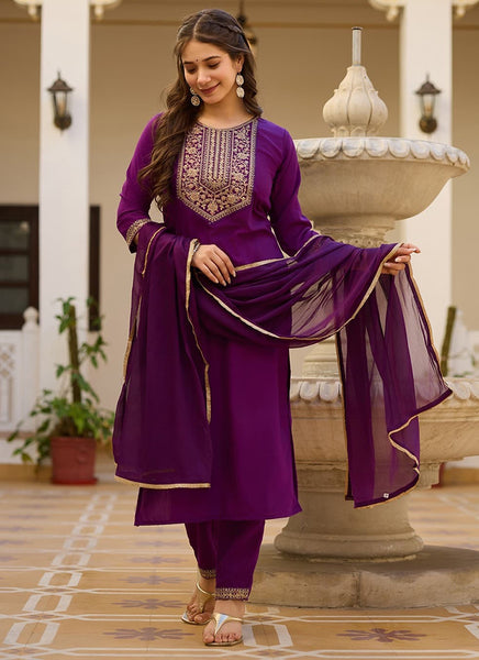 Vellora Rayon Slub Purple Casual Wear Sequins Work Readymade Suit