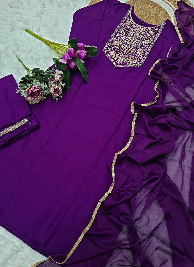 Vellora Rayon Slub Purple Casual Wear Sequins Work Readymade Suit