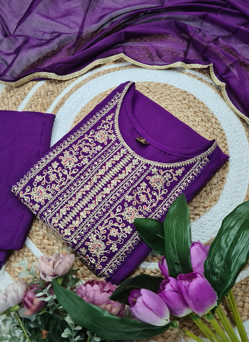 Vellora Rayon Slub Purple Casual Wear Sequins Work Readymade Suit