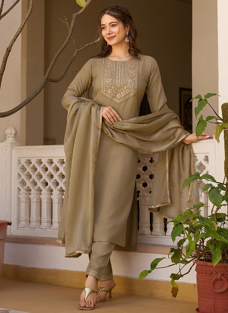 Vellora Rayon Slub Mint Green Casual Wear Sequins Work Readymade Suit