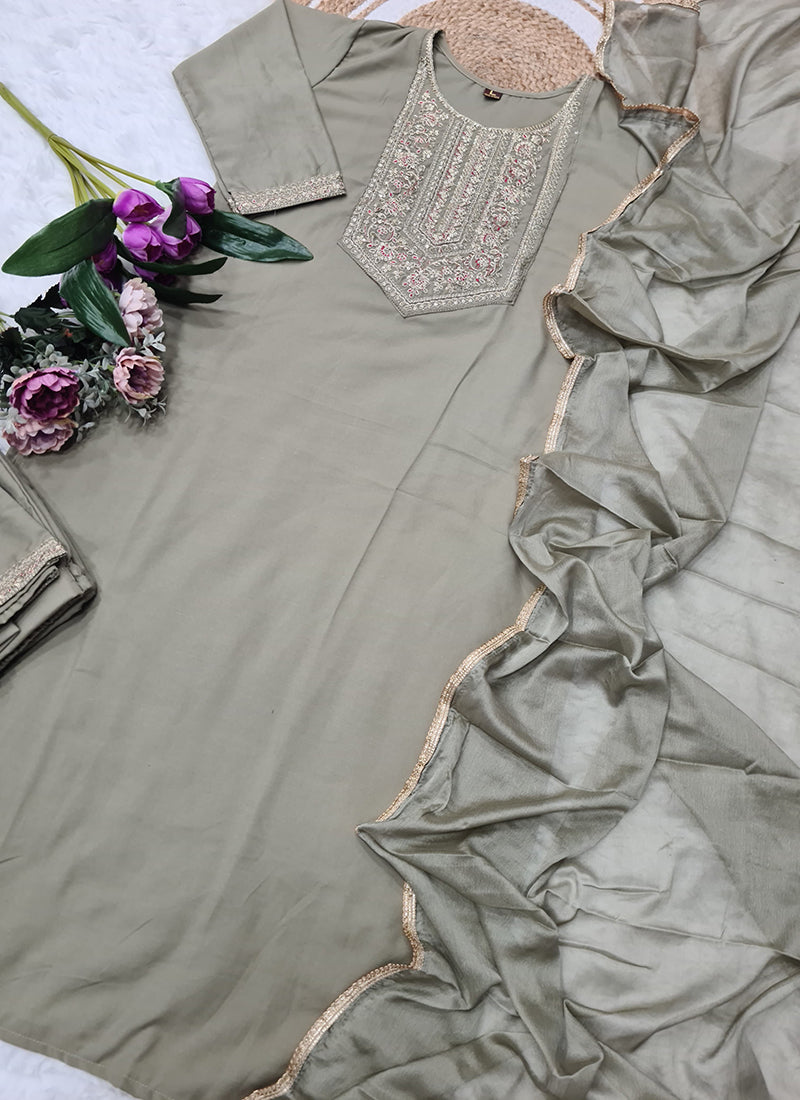 Vellora Rayon Slub Mint Green Casual Wear Sequins Work Readymade Suit