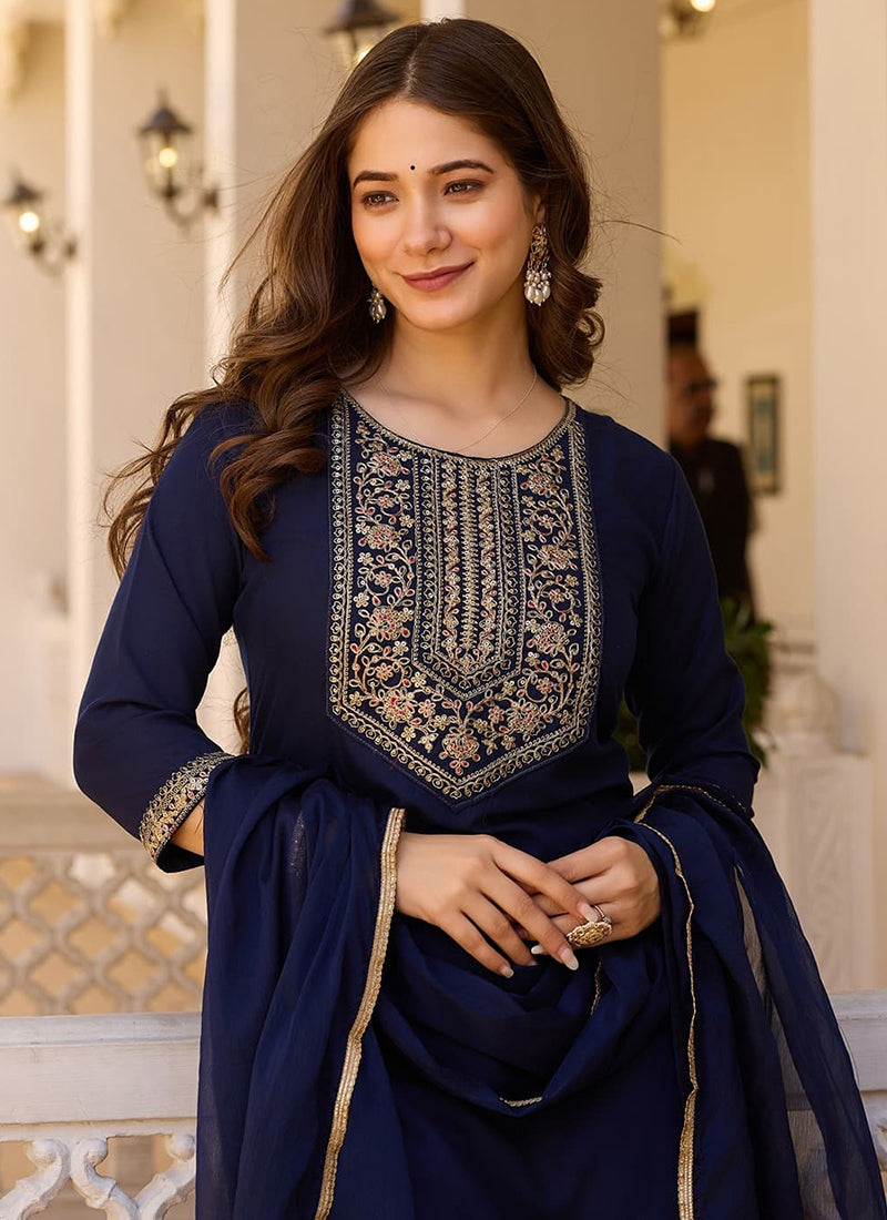 Vellora Rayon Slub Blue Casual Wear Sequins Work Readymade Suit