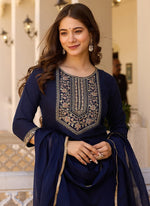 Thumbnail for Vellora Rayon Slub Blue Casual Wear Sequins Work Readymade Suit