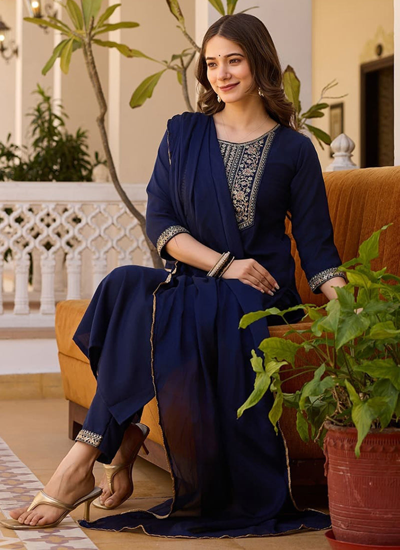 Vellora Rayon Slub Blue Casual Wear Sequins Work Readymade Suit