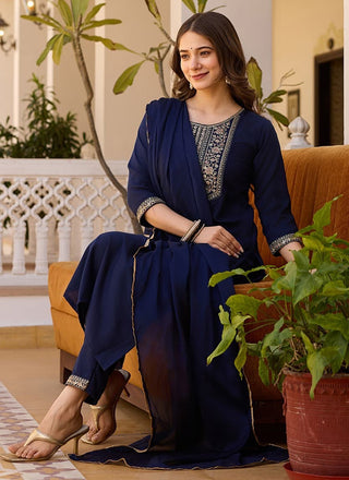 Vellora Rayon Slub Blue Casual Wear Sequins Work Readymade Suit