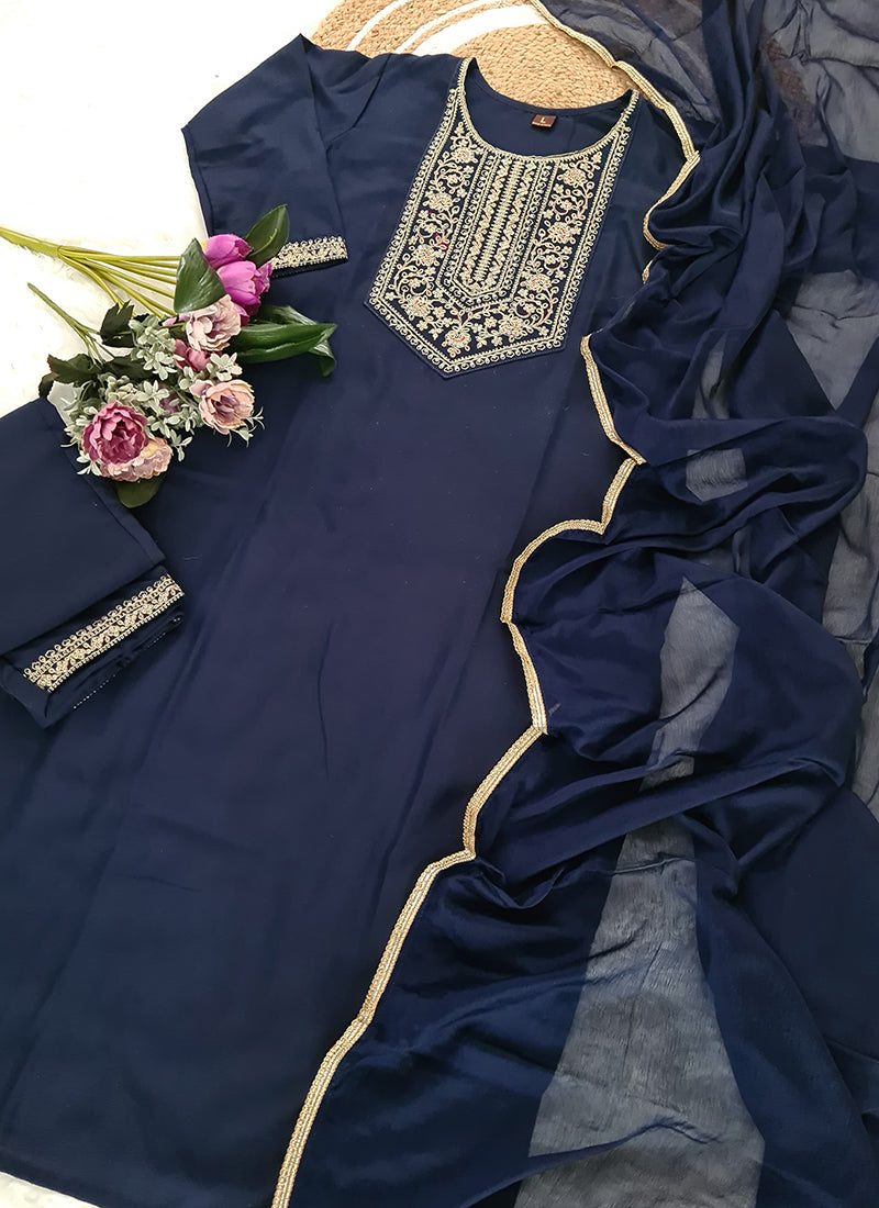 Vellora Rayon Slub Blue Casual Wear Sequins Work Readymade Suit