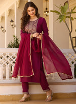 Thumbnail for Vellora Rayon Slub Burgundy Casual Wear Sequins Work Readymade Suit