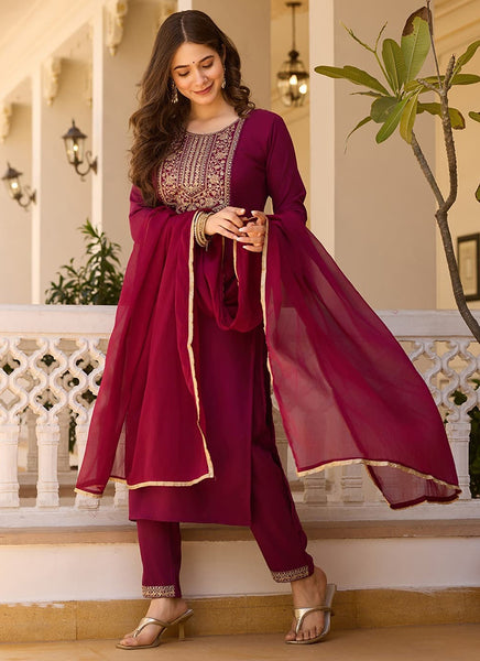 Vellora Rayon Slub Burgundy Casual Wear Sequins Work Readymade Suit