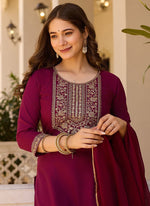 Thumbnail for Vellora Rayon Slub Burgundy Casual Wear Sequins Work Readymade Suit