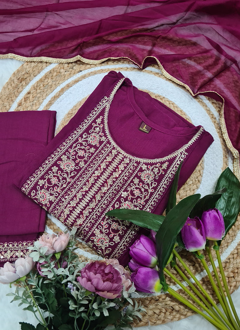 Vellora Rayon Slub Burgundy Casual Wear Sequins Work Readymade Suit