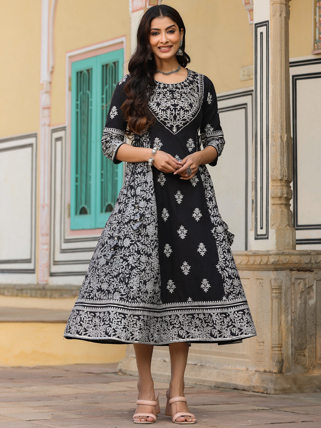 Juniper Black & White Ethnic Motif Printed Pure Cotton Flared Maxi Dress With Beads & Sequins - Distacart
