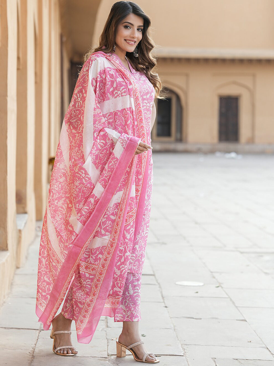 Kalini Floral Printed V-Neck Thread Work Pure Cotton Kurta with Trousers & Dupatta - Distacart